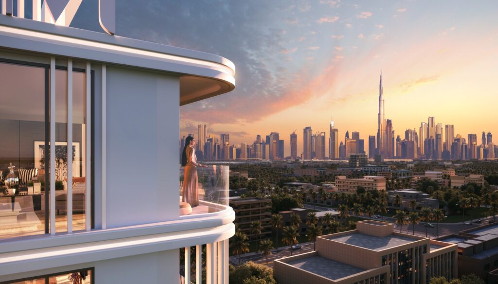 Curved balcony with Downtown skyline view at sunset at Linea by Holm, Al Wasl, Dubai