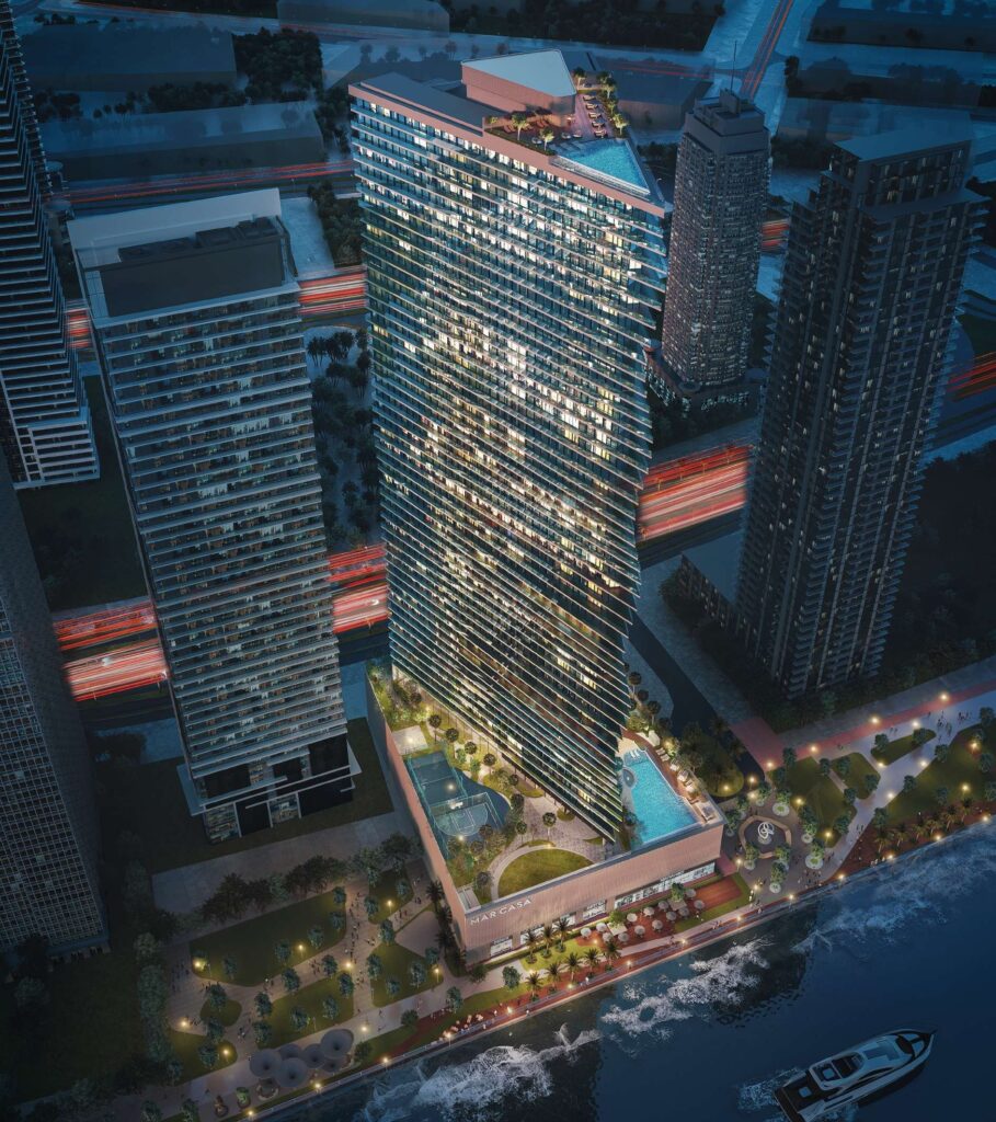 Aerial dusk view of Mar Casa and its podium, Dubai Maritime City