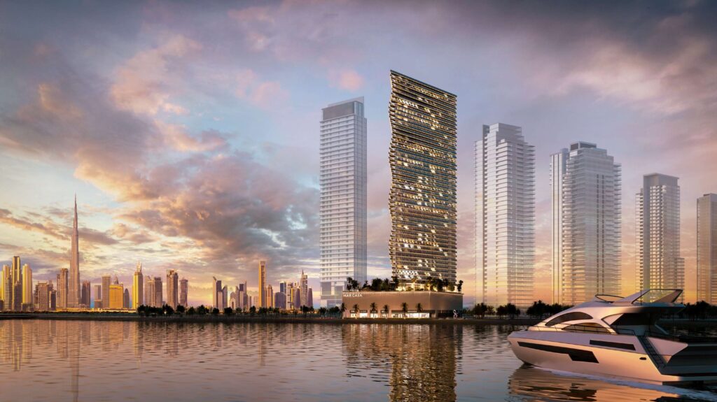 Mar Casa tower on the waterfront skyline at sunset, Dubai Maritime City