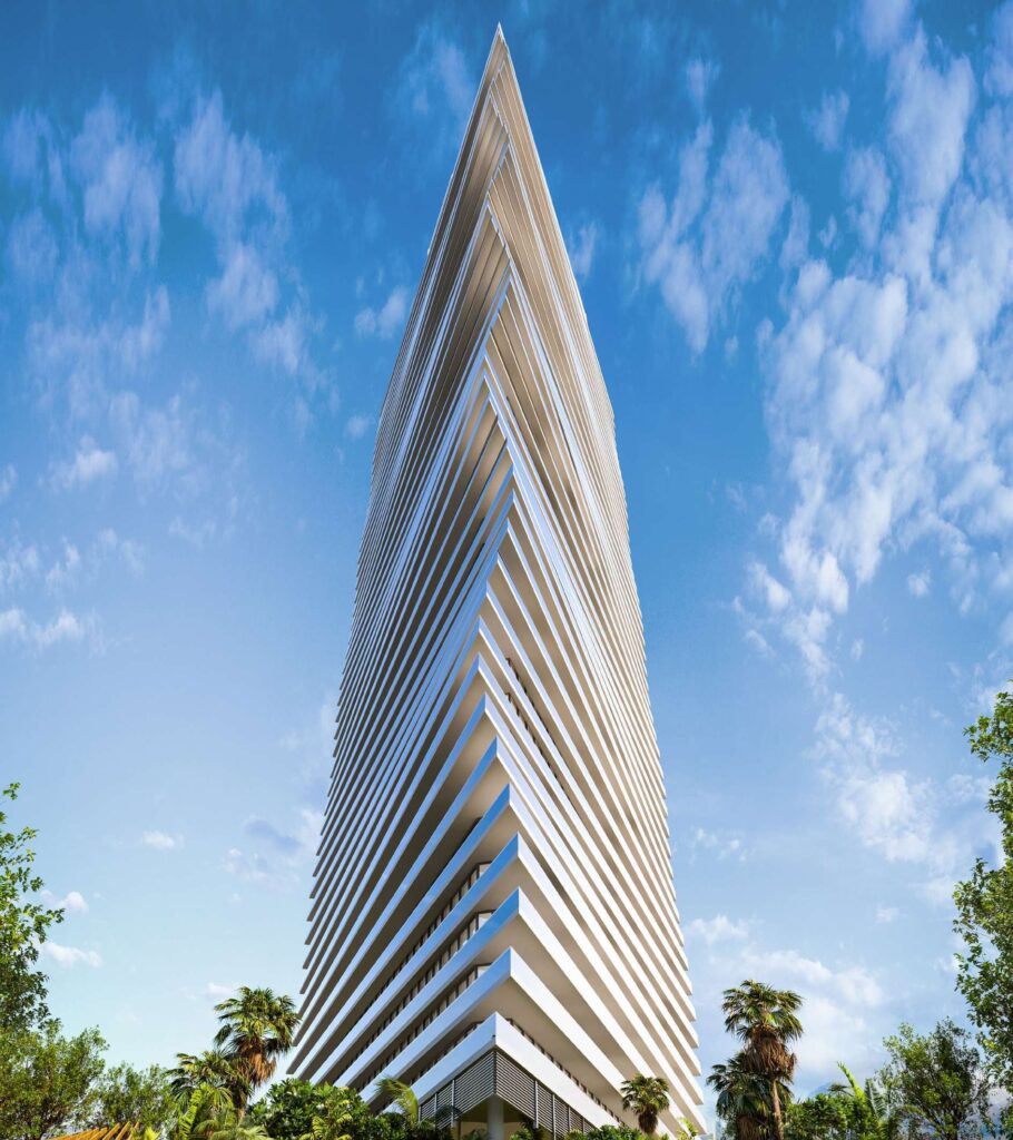 Tapering facade of the Mar Casa tower against blue sky