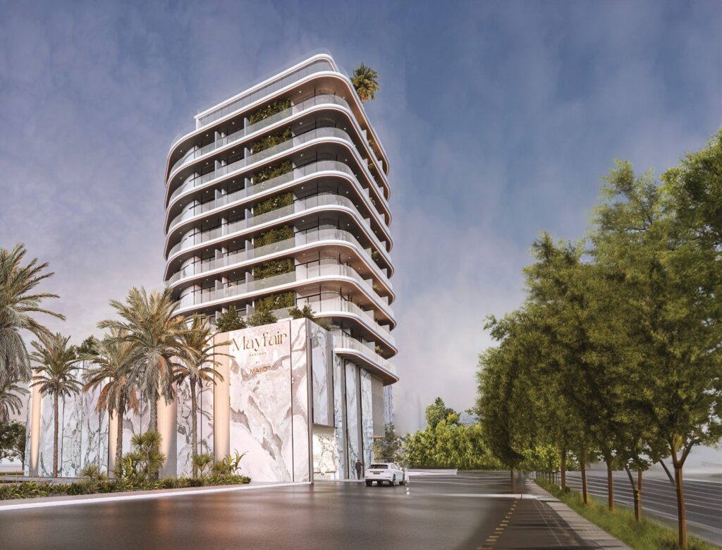 Mayfair Gardens building and tree lined street, Jumeirah Garden City, Dubai