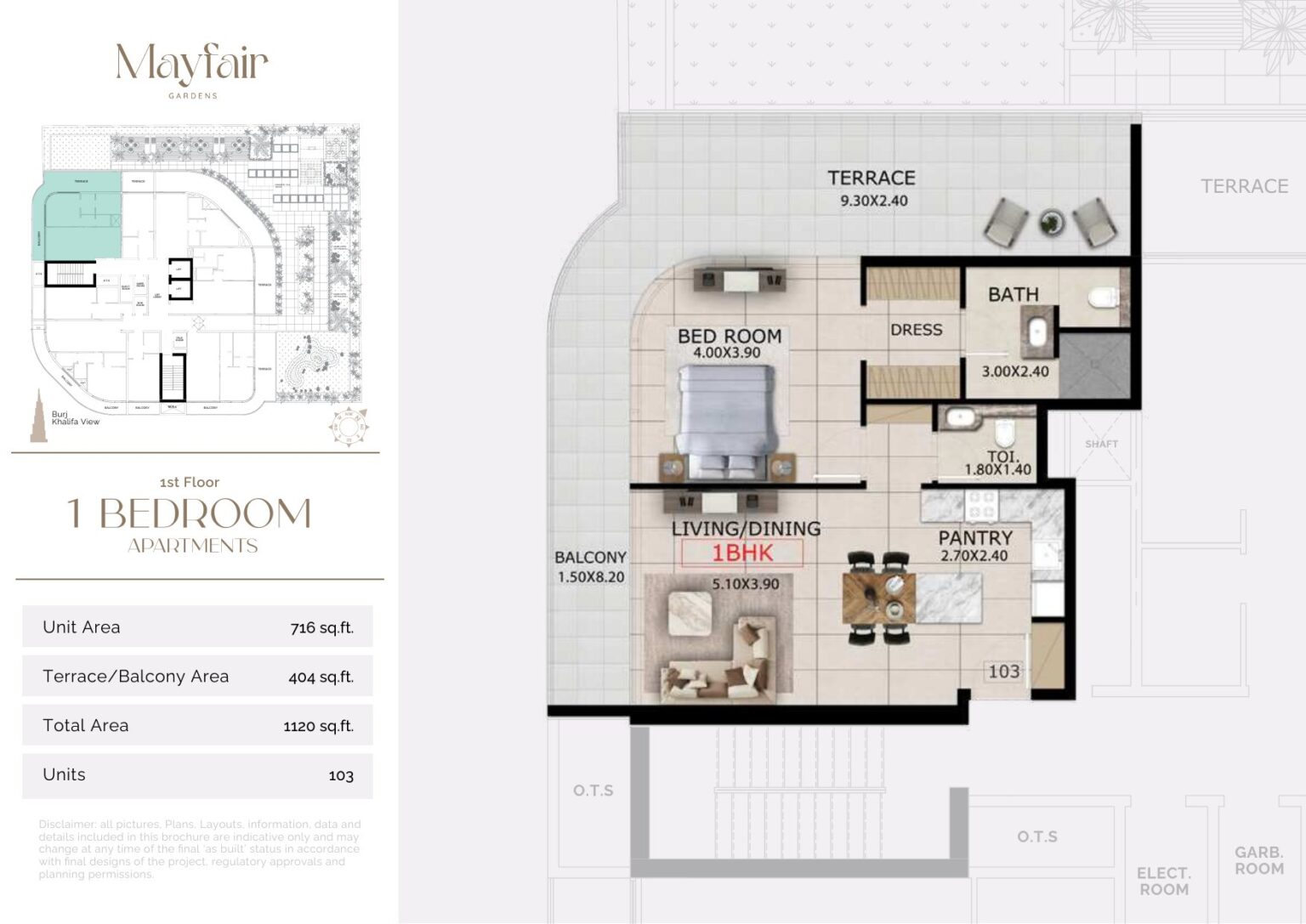 Mayfair Gardens 1 bedroom apartment floor plan, layout 2, Jumeirah Garden City, Dubai
