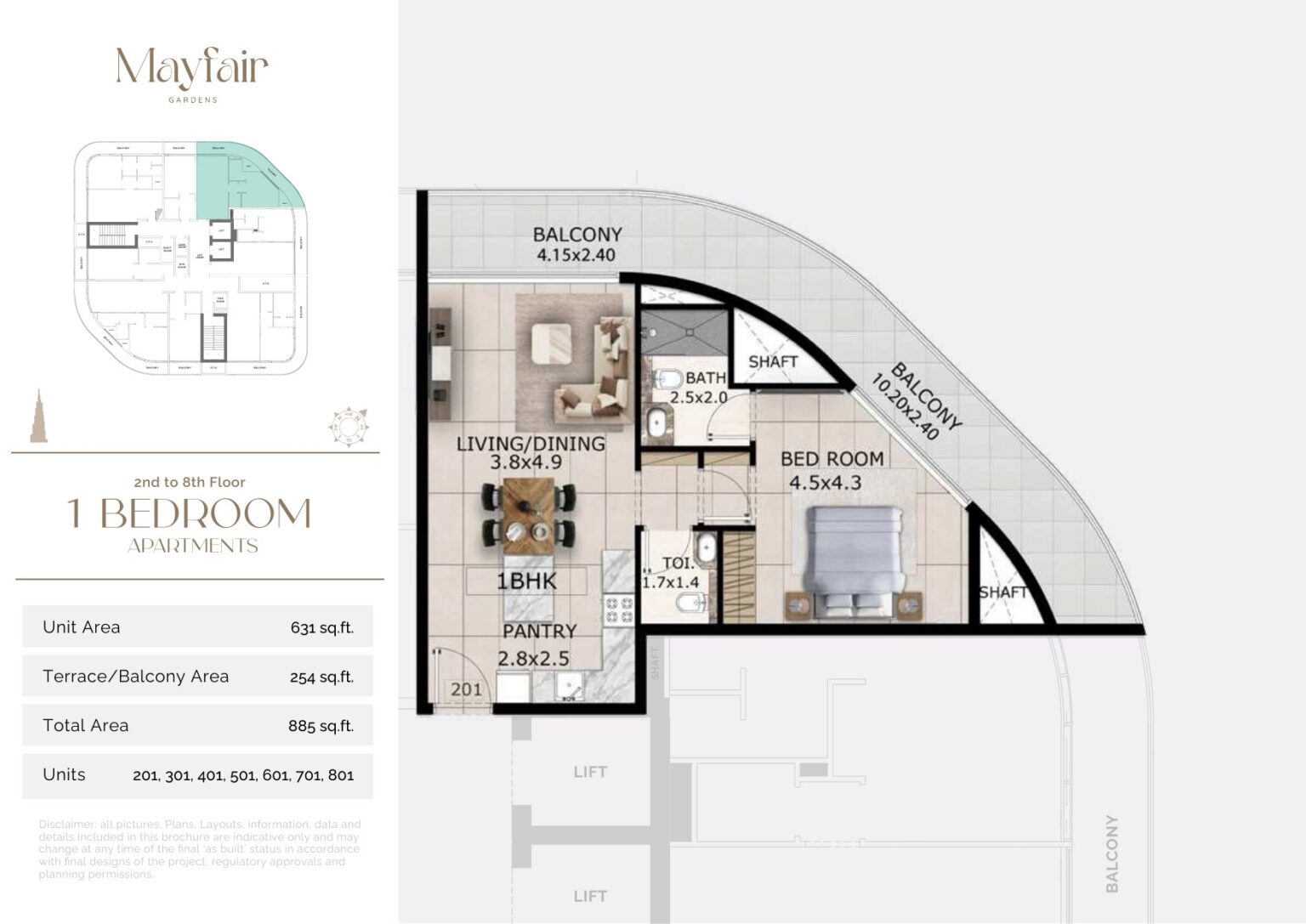 Mayfair Gardens 1 bedroom apartment floor plan, layout 6, Jumeirah Garden City, Dubai