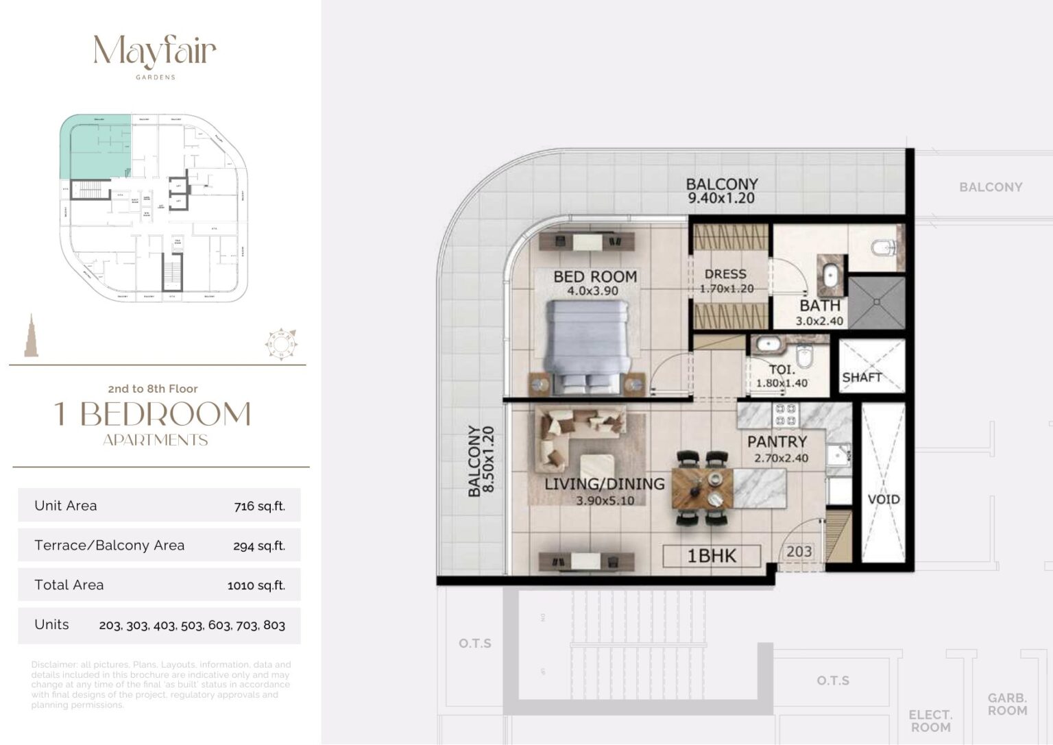 Mayfair Gardens 1 bedroom apartment floor plan, layout 7, Jumeirah Garden City, Dubai