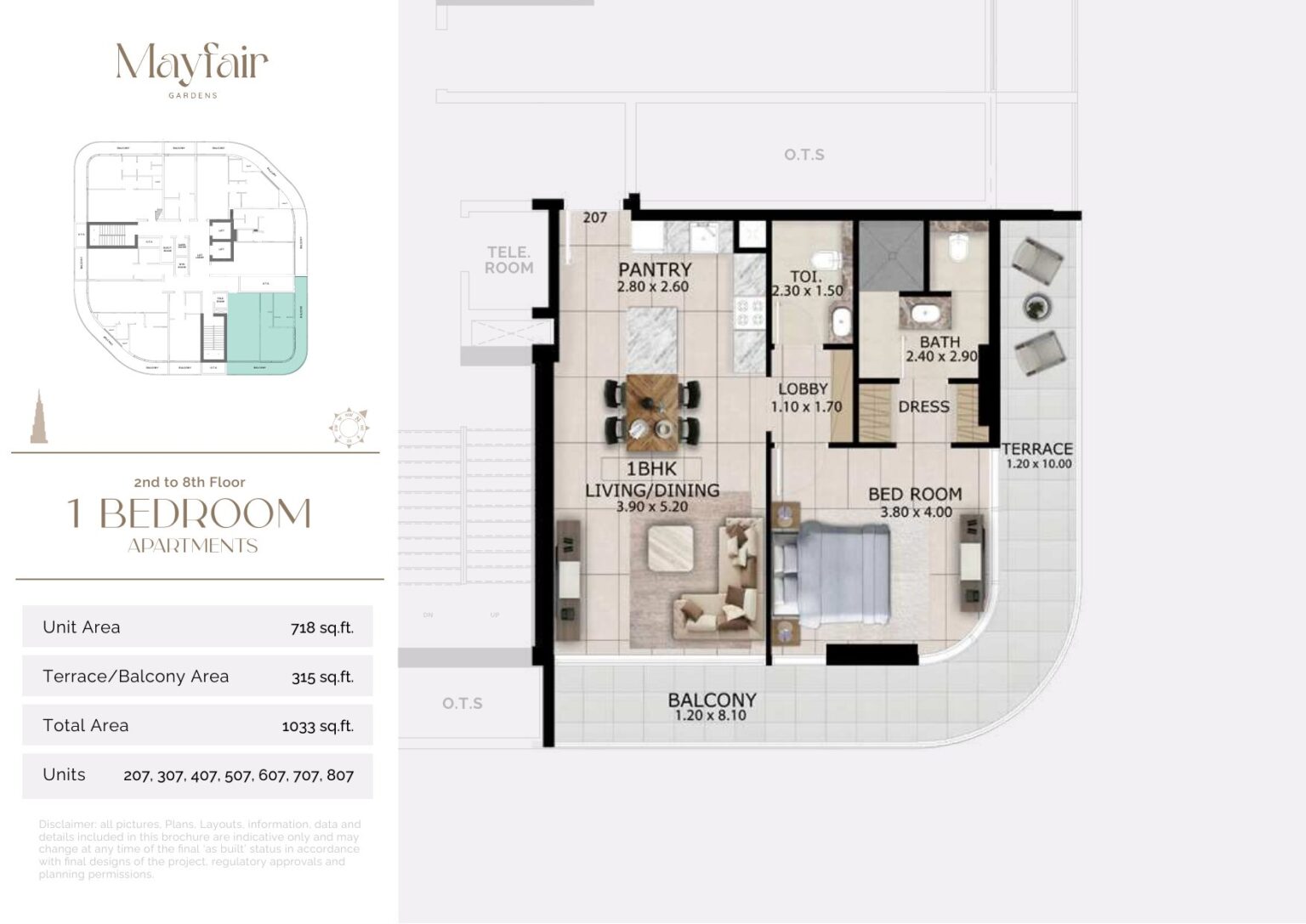 Mayfair Gardens 1 bedroom apartment floor plan, layout 9, Jumeirah Garden City, Dubai