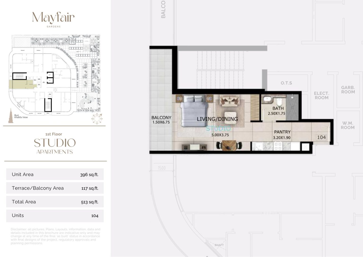 Mayfair Gardens studio apartment floor plan, layout 2, Jumeirah Garden City, Dubai