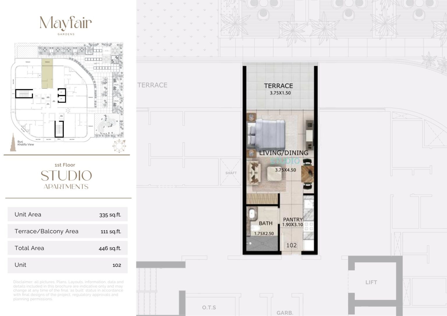 Mayfair Gardens studio apartment floor plan, Jumeirah Garden City, Dubai