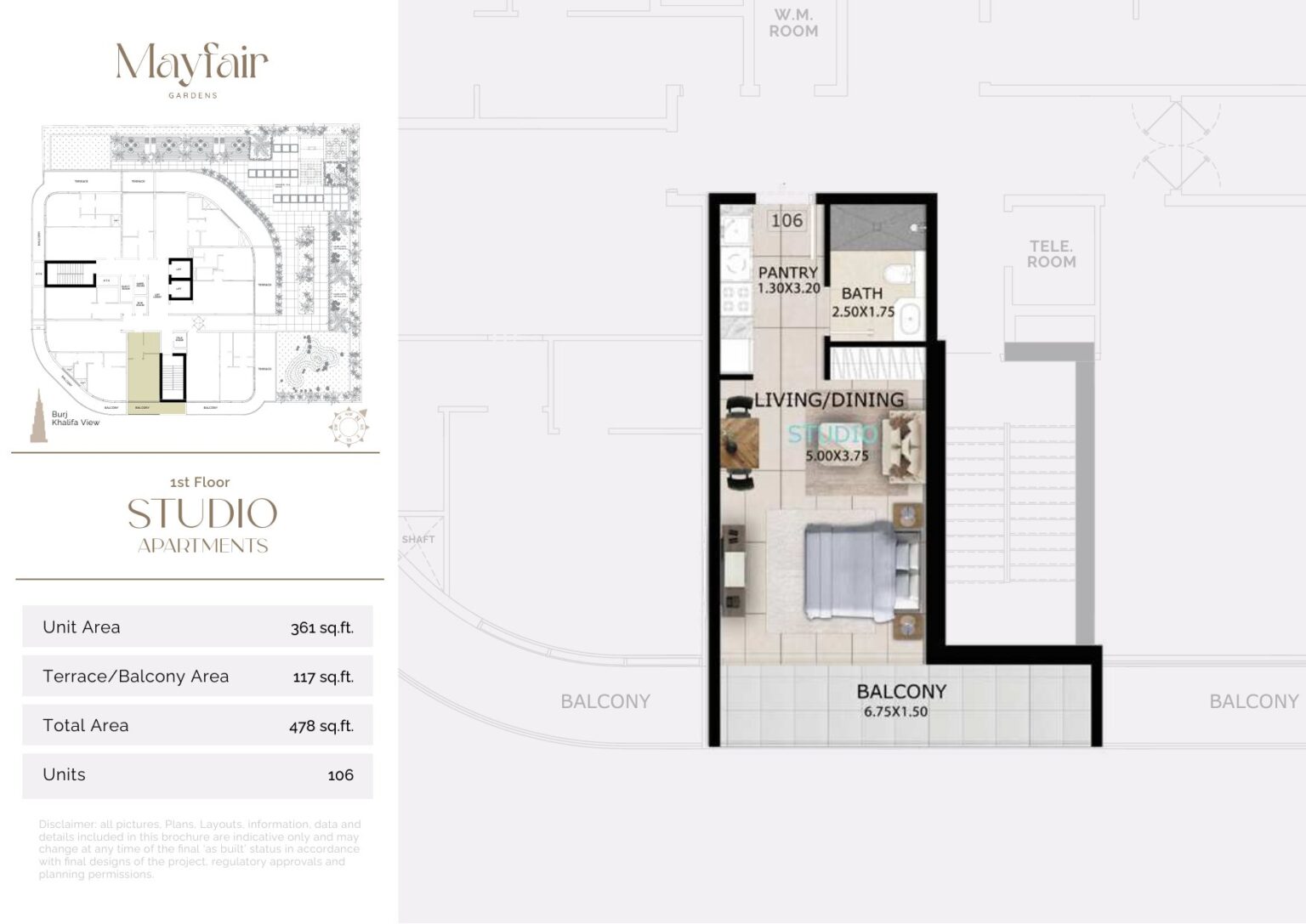 Mayfair Gardens studio apartment floor plan, layout 3, Jumeirah Garden City, Dubai