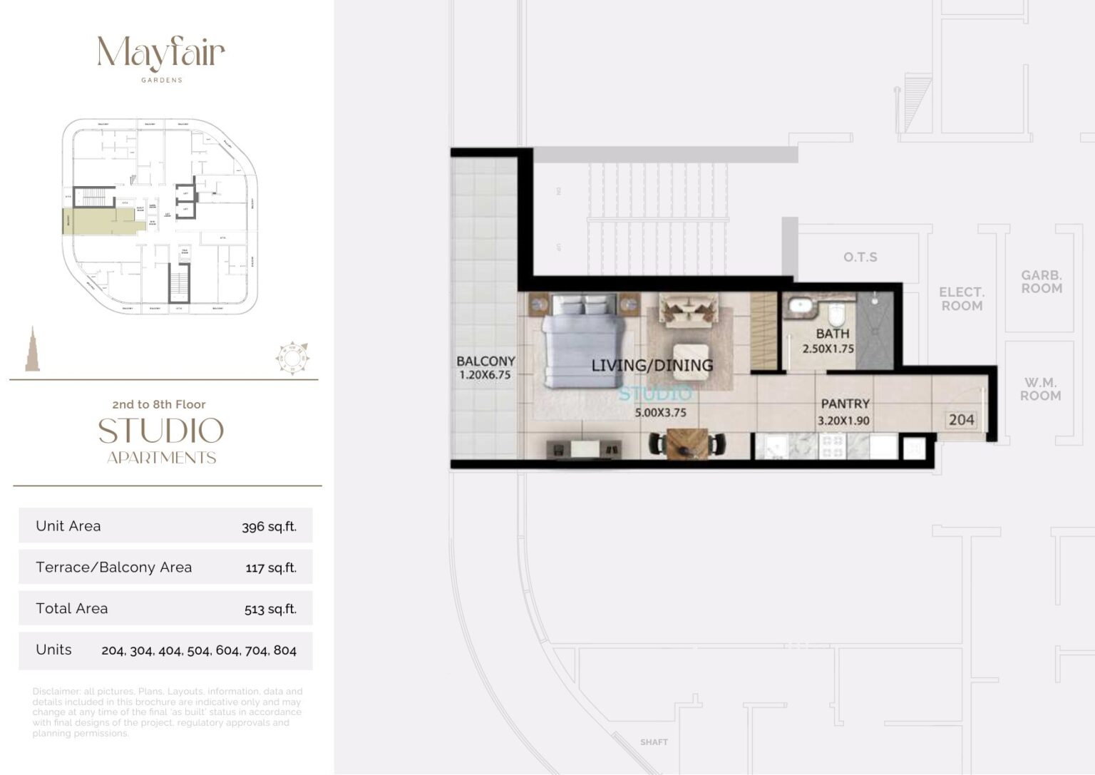 Mayfair Gardens studio apartment floor plan, layout 5, Jumeirah Garden City, Dubai