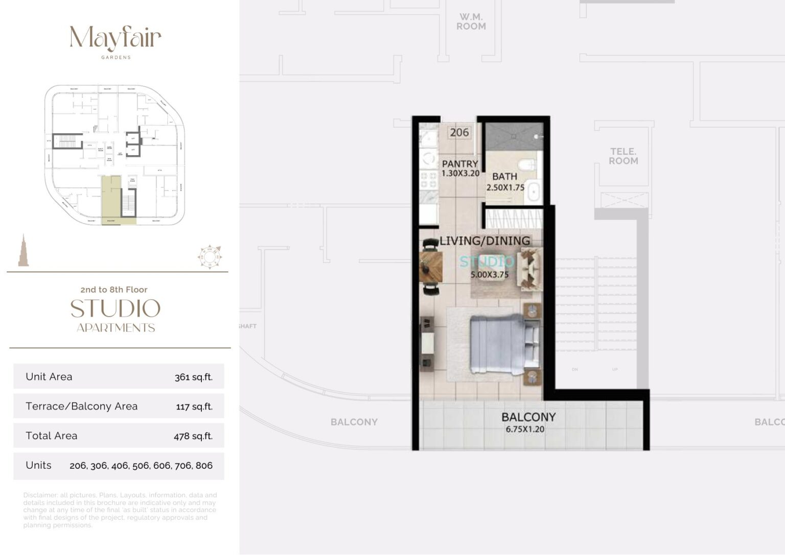 Mayfair Gardens studio apartment floor plan, layout 6, Jumeirah Garden City, Dubai