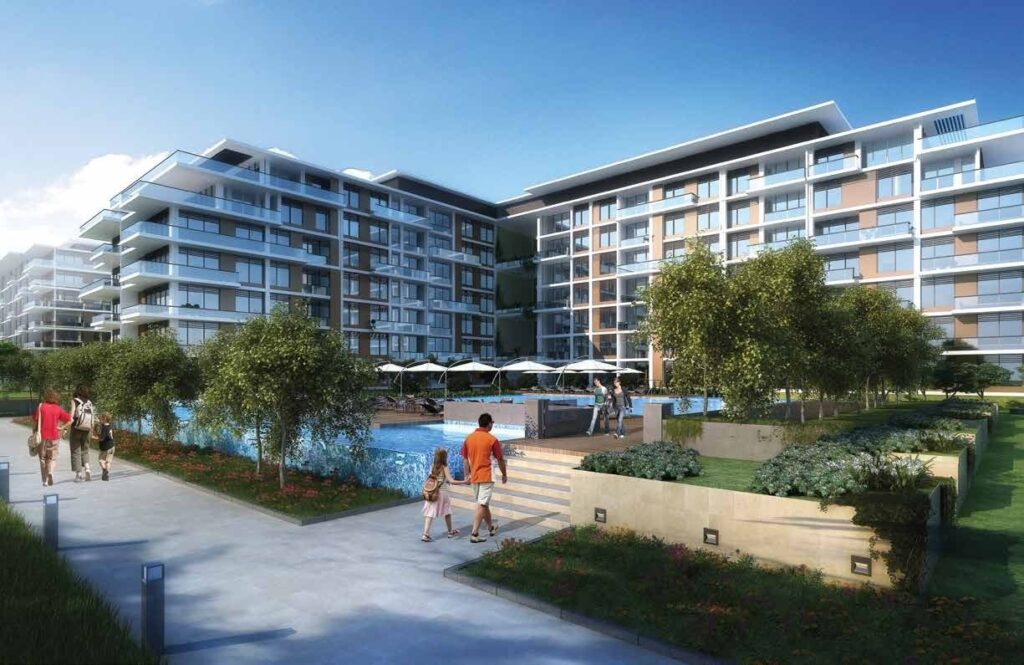Mulberry Park Heights buildings beside the park and pool, Dubai Hills Estate