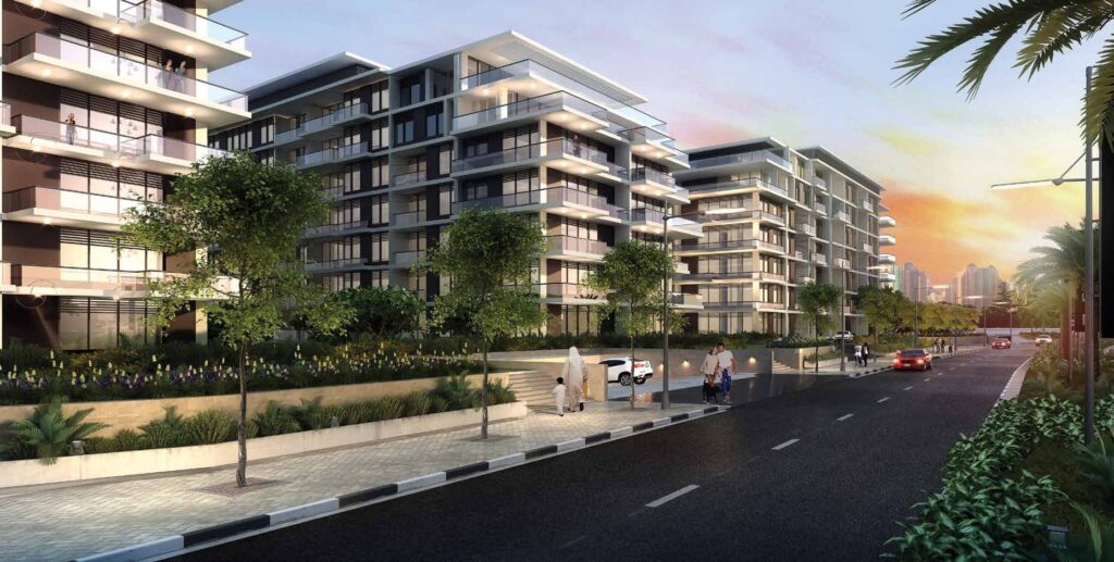 Mulberry Park Heights residences along a tree lined road at sunset, Dubai Hills Estate
