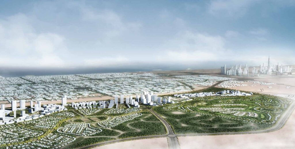Aerial master plan view of Dubai Hills Estate around Mulberry Park Heights
