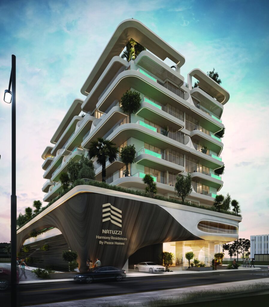 Natuzzi Harmony Residences building with flowing white balconies and planting, Dubai Islands
