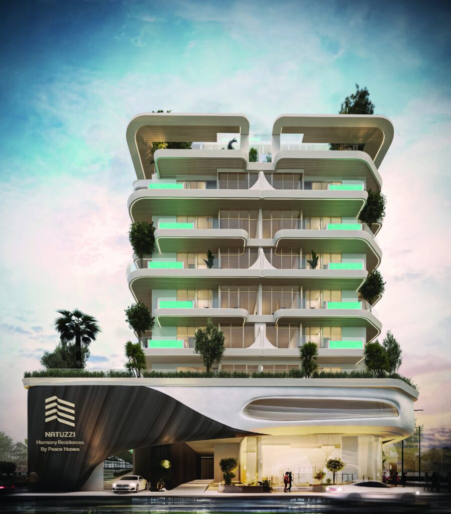 Front elevation of Natuzzi Harmony Residences with green lit terraces, Dubai Islands