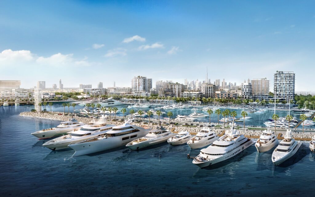 Superyachts moored in the marina near Ocean Point by Emaar, Rashid Yachts and Marina