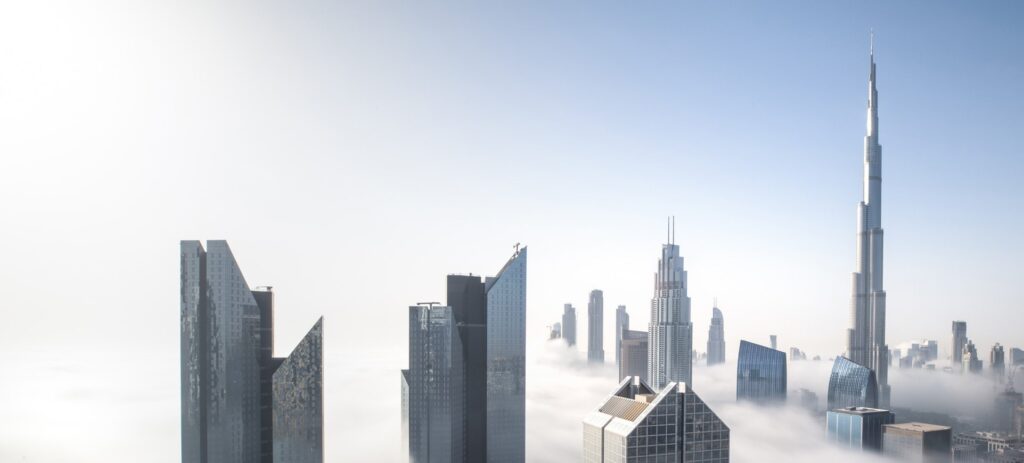 Downtown towers above the mist, skyline imagery for Ocean Point by Emaar