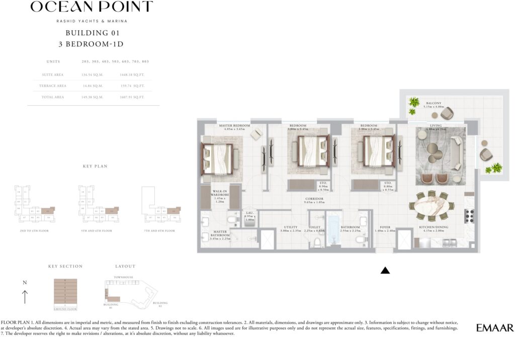 Ocean Point by Emaar 3 bedroom apartment floor plan, Rashid Yachts and Marina