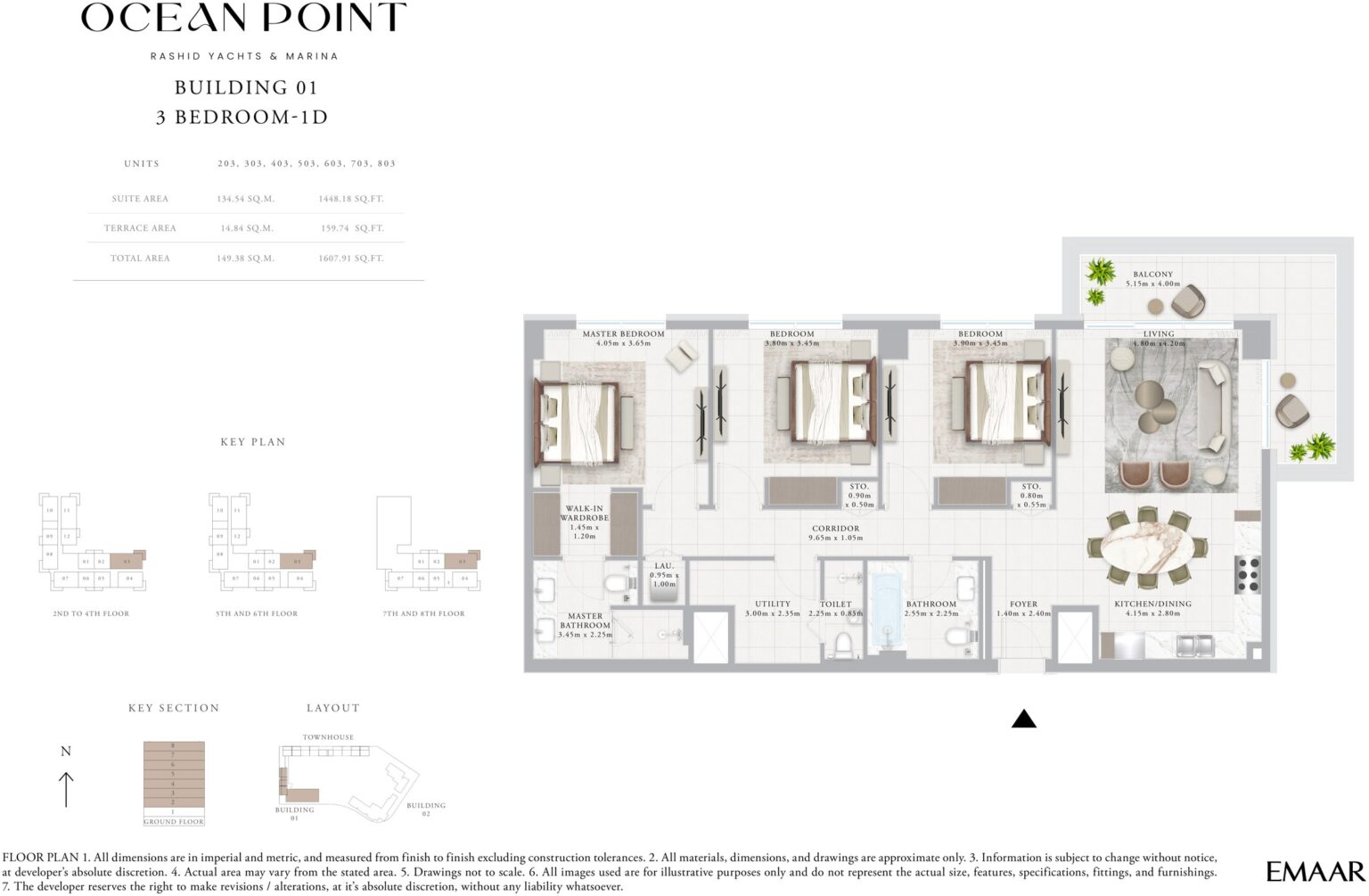 Ocean Point by Emaar 3 bedroom apartment floor plan, Rashid Yachts and Marina