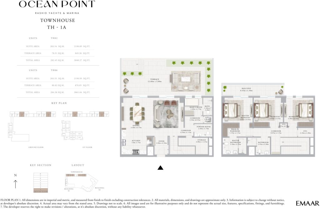 Ocean Point by Emaar 3 bedroom townhouse floor plan, Rashid Yachts and Marina