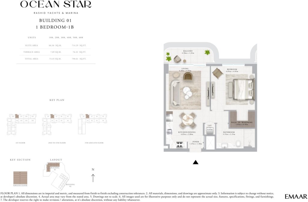 Ocean Star 1 bedroom apartment floor plan, Rashid Yachts & Marina, Dubai