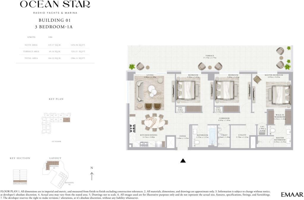 Ocean Star 3 bedroom apartment floor plan, Rashid Yachts & Marina, Dubai