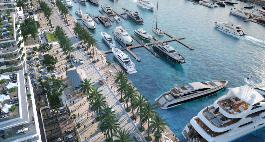 Aerial view of the marina berths beside Ocean Views by Emaar, Rashid Yachts and Marina