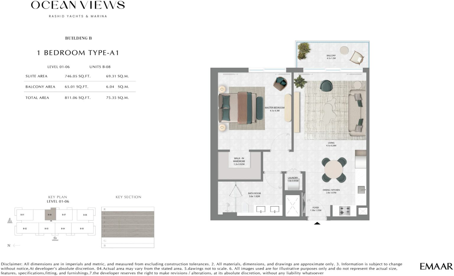 Ocean Views by Emaar 1 bedroom apartment floor plan, Rashid Yachts and Marina