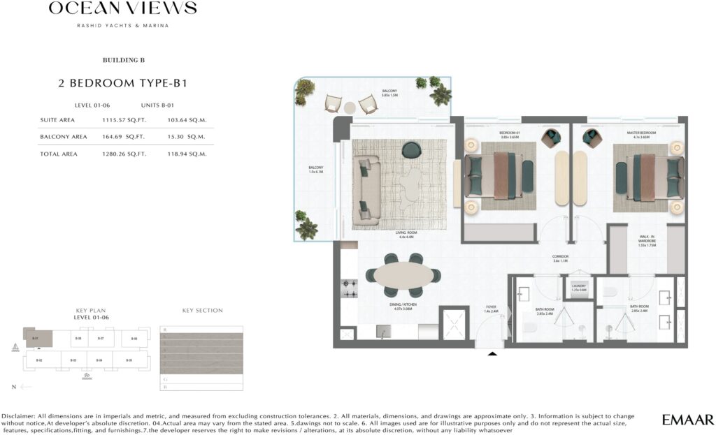 Ocean Views by Emaar 2 bedroom apartment floor plan, Rashid Yachts and Marina