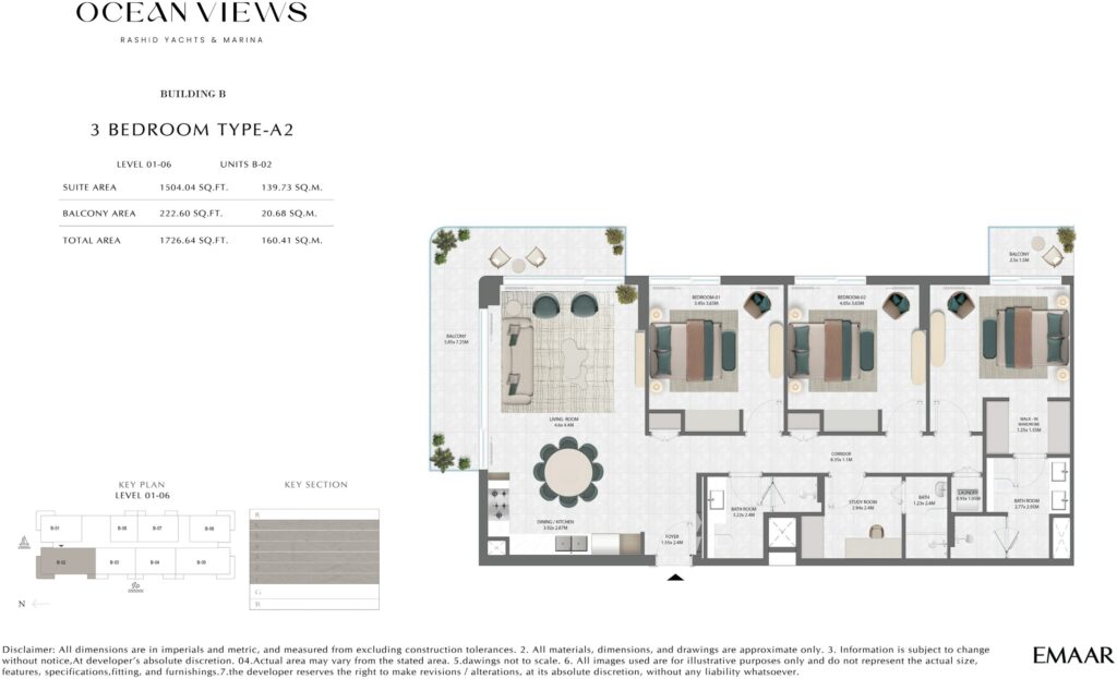 Ocean Views by Emaar 3 bedroom apartment floor plan, Rashid Yachts and Marina