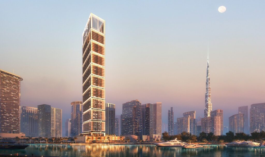 Slender One by Binghatti tower with Burj Khalifa in the distance, Business Bay
