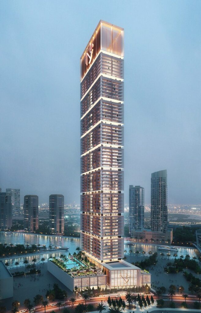 One by Binghatti tower rising above the canal at twilight, Business Bay