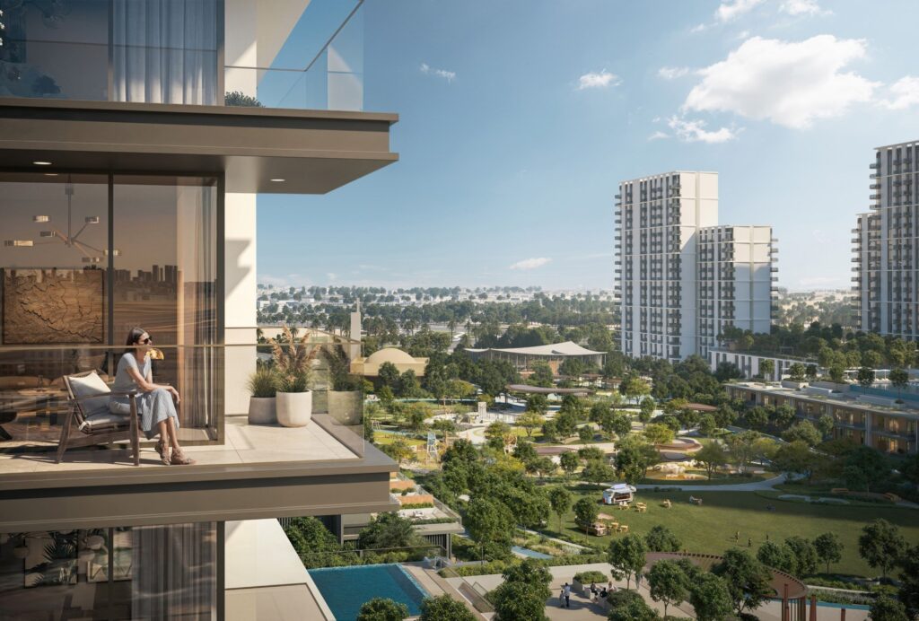 Balcony overlooking the park and towers at Palace Residences Hillside, Dubai Hills Estate
