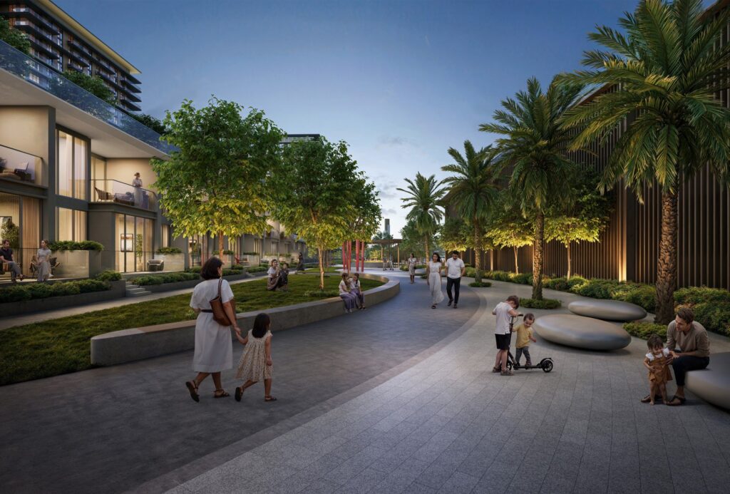 Tree lined promenade at dusk at Palace Residences Hillside, Dubai Hills Estate