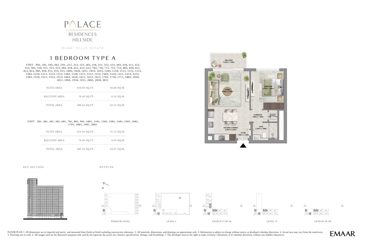 Palace Residences Hillside 1 bedroom apartment floor plan, layout 1, Dubai Hills Estate