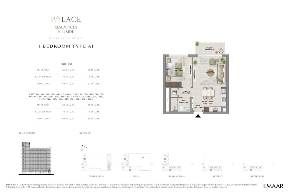 Palace Residences Hillside 1 bedroom apartment floor plan, layout 2, Dubai Hills Estate
