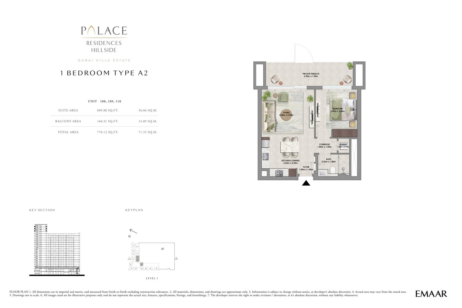 Palace Residences Hillside 1 bedroom apartment floor plan, layout 3, Dubai Hills Estate