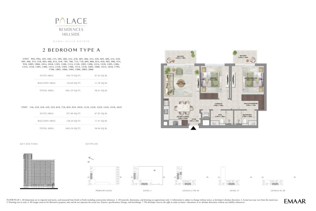 Palace Residences Hillside 2 bedroom apartment floor plan, layout 1, Dubai Hills Estate