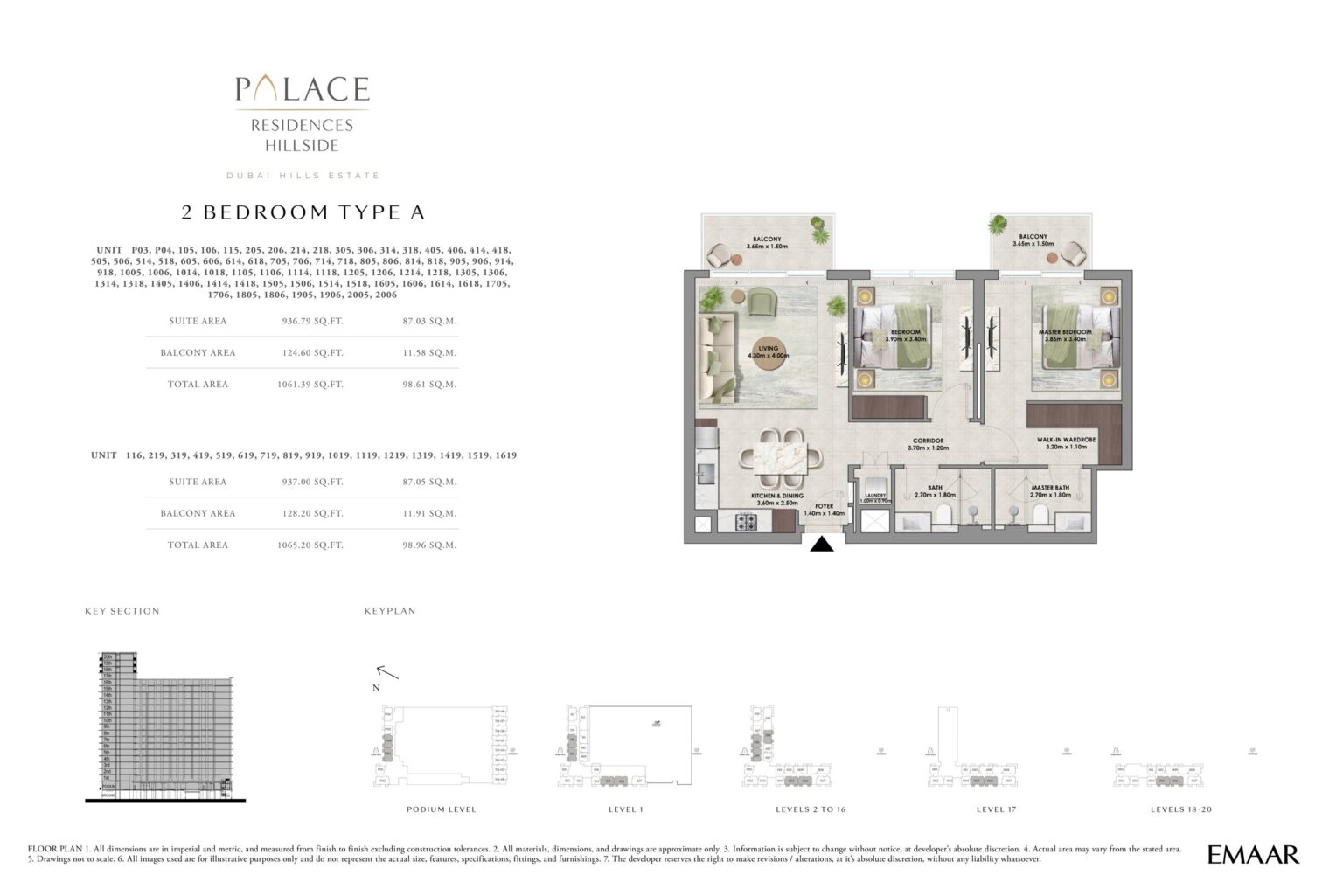 Palace Residences Hillside 2 bedroom apartment floor plan, layout 1, Dubai Hills Estate