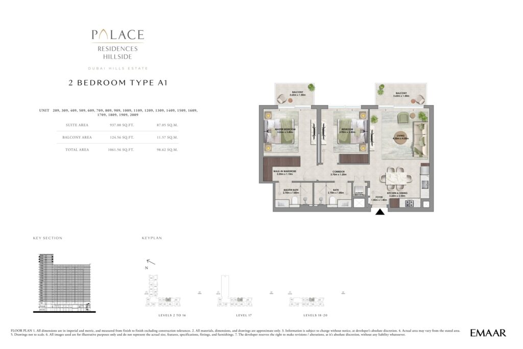Palace Residences Hillside 2 bedroom apartment floor plan, layout 2, Dubai Hills Estate