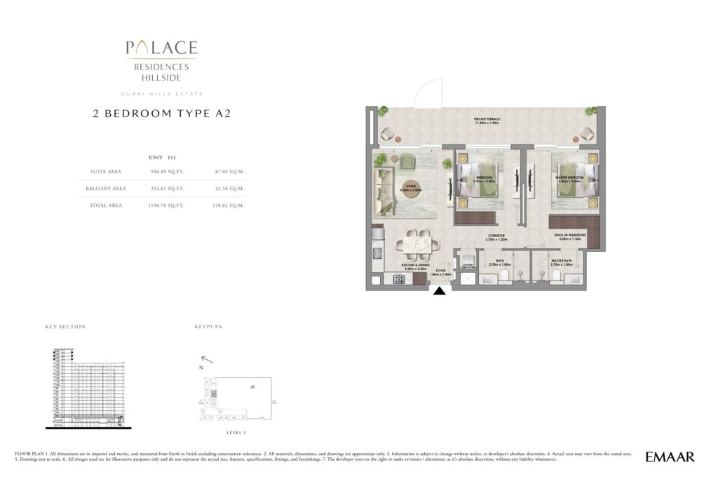 Palace Residences Hillside 2 bedroom apartment floor plan, layout 3, Dubai Hills Estate