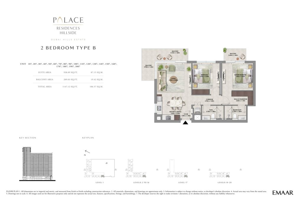 Palace Residences Hillside 2 bedroom apartment floor plan, layout 4, Dubai Hills Estate