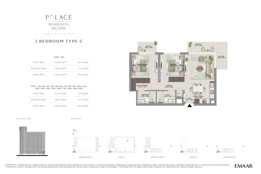 Palace Residences Hillside 2 bedroom apartment floor plan, layout 6, Dubai Hills Estate