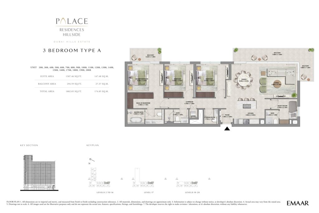 Palace Residences Hillside 3 bedroom apartment floor plan, layout 1, Dubai Hills Estate