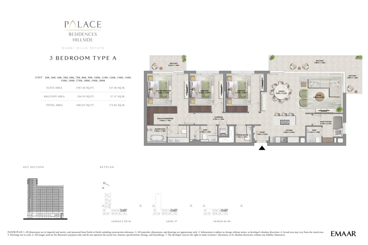 Palace Residences Hillside 3 bedroom apartment floor plan, layout 1, Dubai Hills Estate