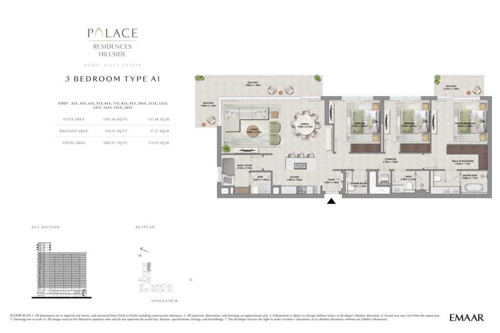 Palace Residences Hillside 3 bedroom apartment floor plan, layout 2, Dubai Hills Estate