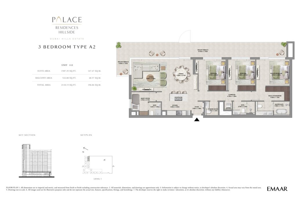 Palace Residences Hillside 3 bedroom apartment floor plan, layout 3, Dubai Hills Estate