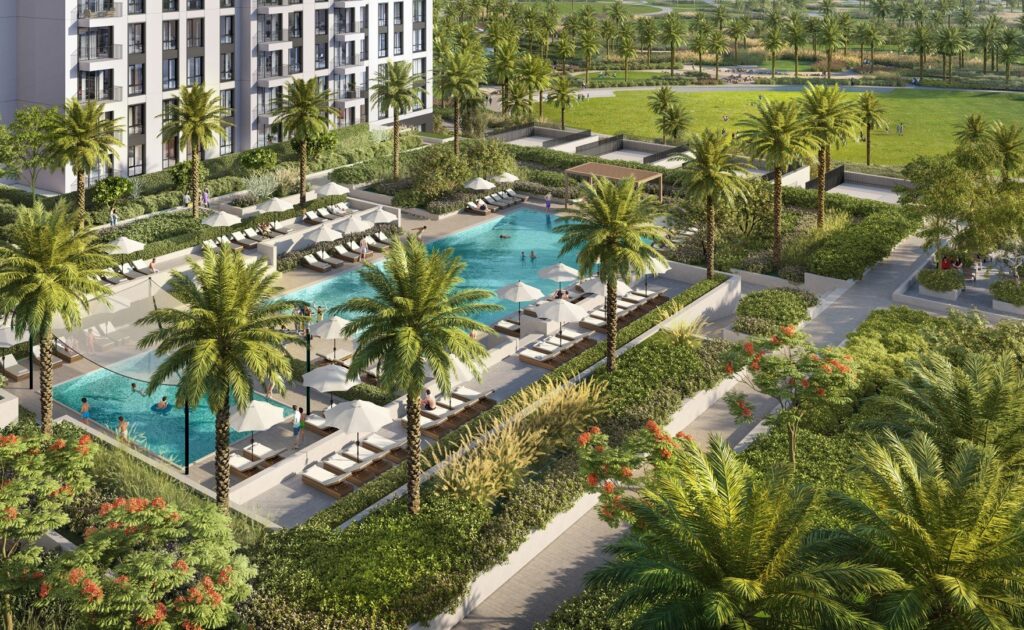 Palm lined pool and gardens at Park Horizon, Dubai Hills Estate