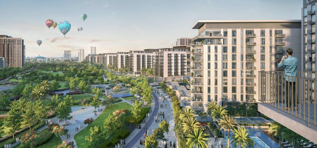 Park Horizon residences overlooking the park and hot air balloons, Dubai Hills Estate