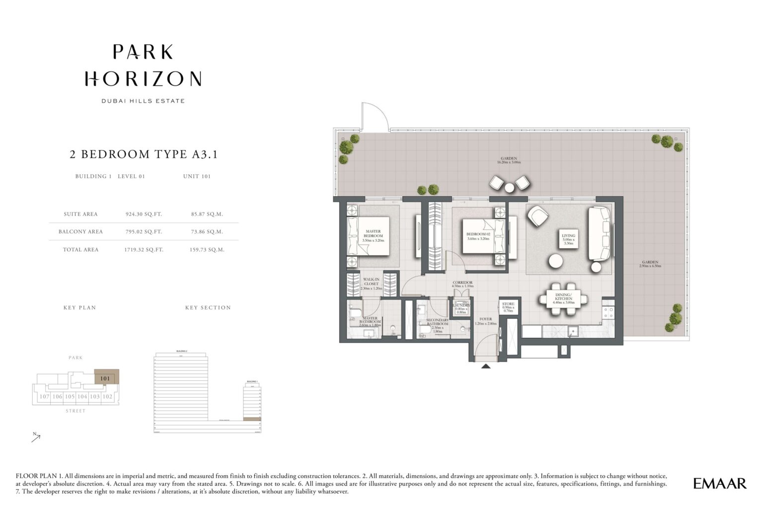 Park Horizon 2 bedroom type A3.1 floor plan, building 1 level 1, Dubai Hills Estate
